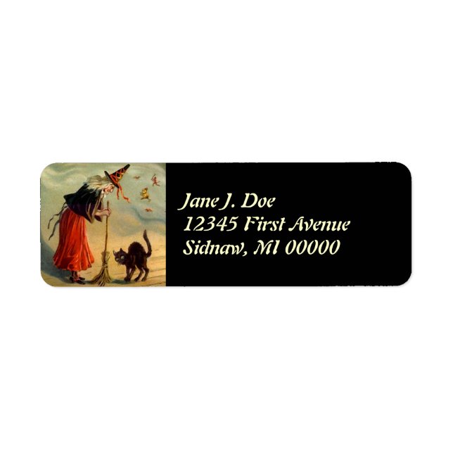 Vintage Halloween Witch Broom Cat Address Labels (Front)