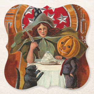 Vintage Halloween Witch Casting Spell with Wand Paper Coaster