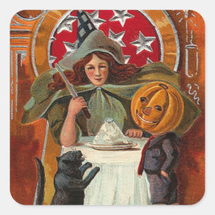 Vintage Halloween Witch Casting Spell with Wand Square Sticker