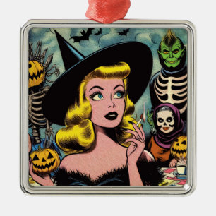 Vintage Halloween Witch Comics Metal Ornament