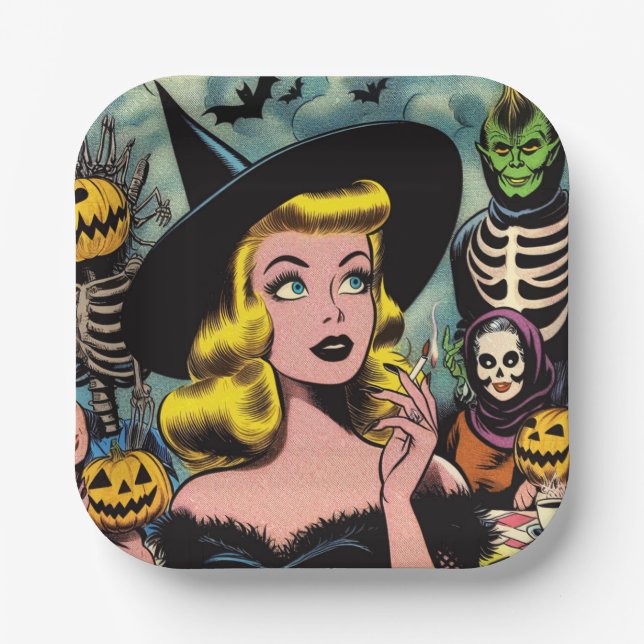 Vintage Halloween Witch Comics Paper Plate (Front)