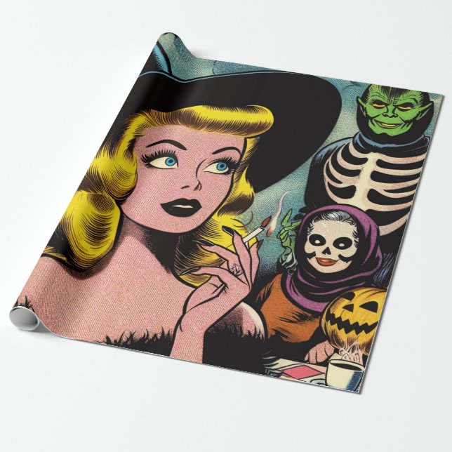 Vintage Halloween Witch Comics Wrapping Paper (Unrolled)