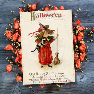 Vintage Halloween Witch Girl With Black Cat Card