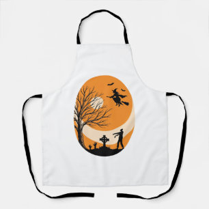 Vintage Halloween Witch Moon Graveyard Vector Desi Apron