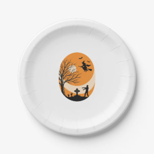 Vintage Halloween Witch Moon Graveyard Vector Desi Paper Plate