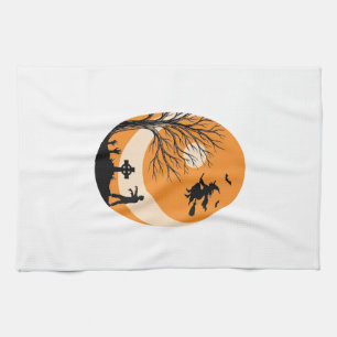 Vintage Halloween Witch Moon Graveyard Vector Desi Tea Towel