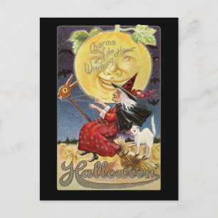 Vintage Halloween Witch Moon Postcard