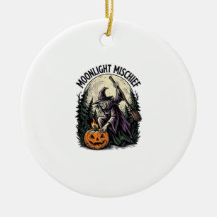 Vintage Halloween Witch Moonlight Mischief Graphic Ceramic Ornament
