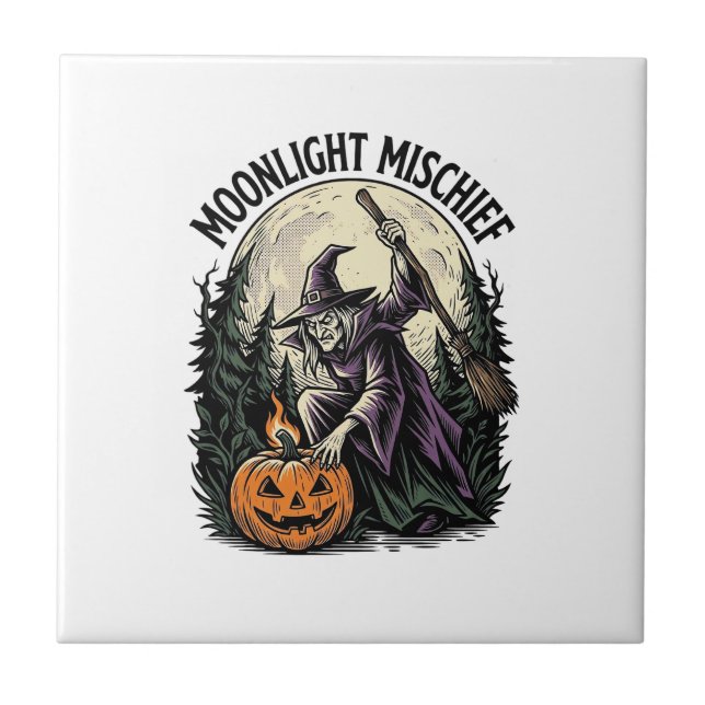 Vintage Halloween Witch Moonlight Mischief Graphic Ceramic Tile (Front)