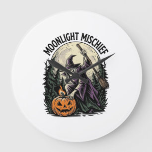 Vintage Halloween Witch Moonlight Mischief Graphic Large Clock