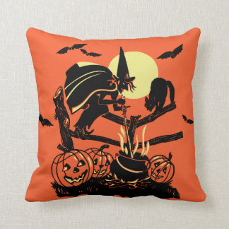 Vintage Halloween Witch on Fence Cushion