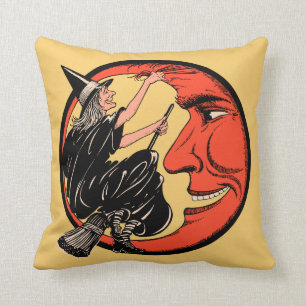 Vintage Halloween Witch on Her Broom Cushion