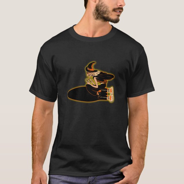 Vintage Halloween Witch on Rocket T-Shirt (Front)