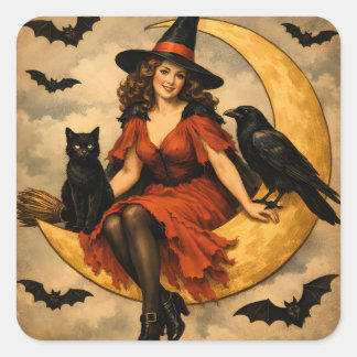 Vintage Halloween Witch on the Moon Square Sticker