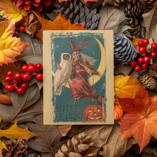 Vintage Halloween Witch Owl & Pumpkin In The Moon Card