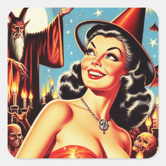 Vintage Halloween Witch Pin-up Square Sticker (Front)