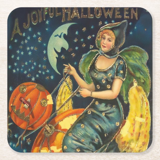 Vintage Halloween Witch Poster Square Paper Coaster (Front)