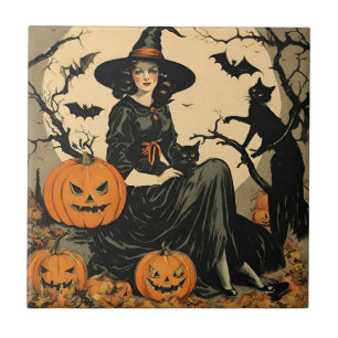 Vintage Halloween Witch, Pumpkin, Black Cat, Bats  Ceramic Tile