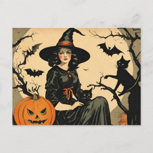 Vintage Halloween Witch, Pumpkin, Black Cat, Bats  Holiday Postcard
