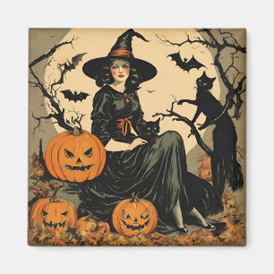 Vintage Halloween Witch, Pumpkin, Black Cat, Bats  Magnet