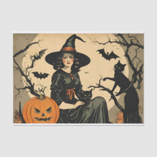 Vintage Halloween Witch, Pumpkin, Black Cat, Bats Tissue Paper