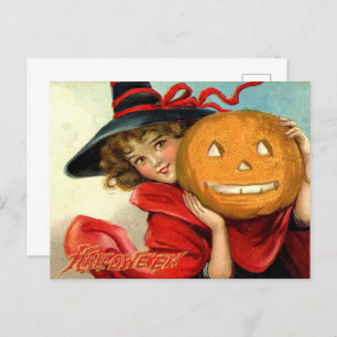vintage Halloween witch pumpkin Holiday Postcard