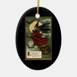 Vintage Halloween Witch Riding Broomstick with Cat Ceramic Tree Decoration