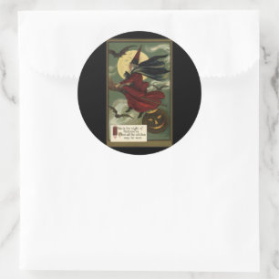Vintage Halloween Witch Riding Broomstick with Cat Classic Round Sticker