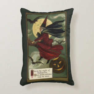 Vintage Halloween Witch Riding Broomstick with Cat Decorative Cushion