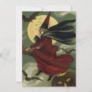 Vintage Halloween Witch Riding Broomstick with Cat Invitation