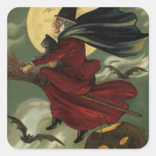 Vintage Halloween Witch Riding Broomstick with Cat Square Sticker