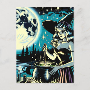 Vintage Halloween Witch stirring a Cauldron Postcard