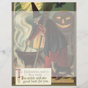 Vintage Halloween Witch Stirring Magic Cauldron