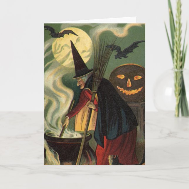 Vintage Halloween Witch Stirring Magic Cauldron Card (Front)