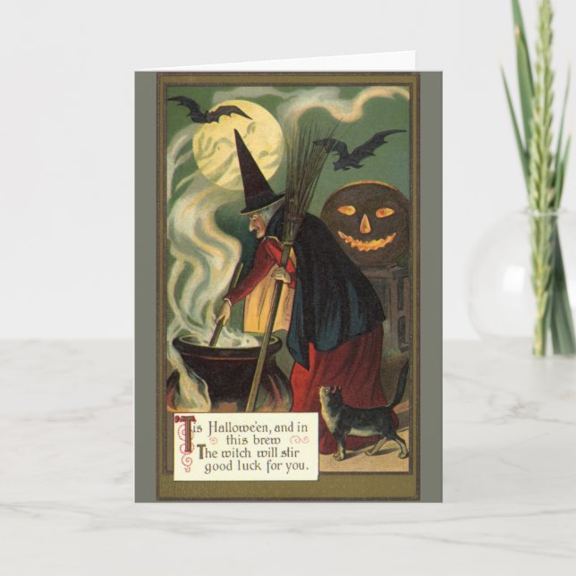 Vintage Halloween Witch Stirring Magic Cauldron Card (Front)