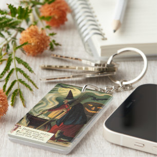 Vintage Halloween Witch Stirring Magic Cauldron Key Ring