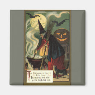 Vintage Halloween Witch Stirring Magic Cauldron Magnet