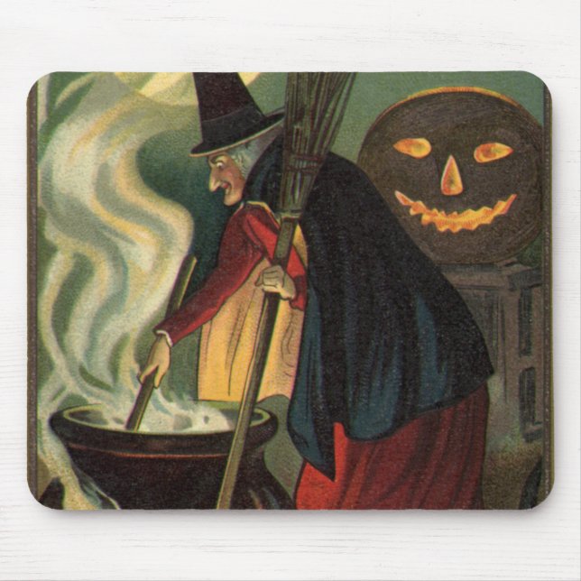 Vintage Halloween Witch Stirring Magic Cauldron Mouse Pad (Front)