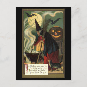 Vintage Halloween Witch Stirring Magic Cauldron Postcard