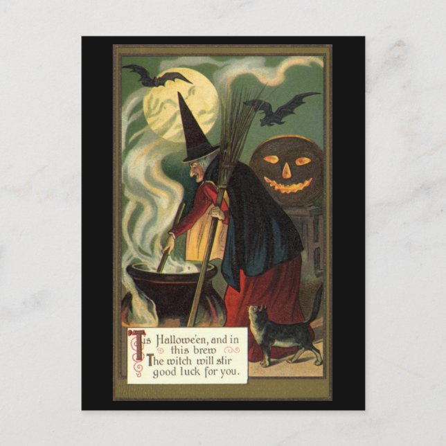 Vintage Halloween Witch Stirring Magic Cauldron Postcard (Front)