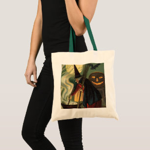 Vintage Halloween Witch Stirring Magic Cauldron Tote Bag