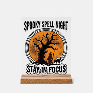 Vintage Halloween Witch Tree and Black Cat Graphic Acrylic Sign