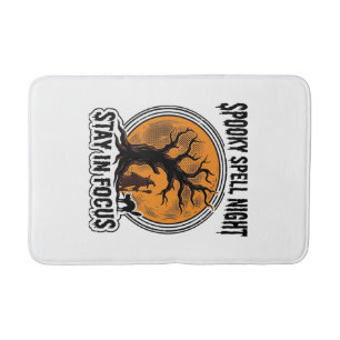 Vintage Halloween Witch Tree and Black Cat Graphic Bath Mat