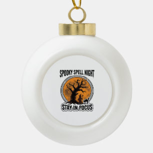 Vintage Halloween Witch Tree and Black Cat Graphic Ceramic Ball Christmas Ornament