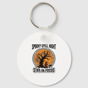 Vintage Halloween Witch Tree and Black Cat Graphic Key Ring