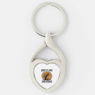 Vintage Halloween Witch Tree and Black Cat Graphic Key Ring