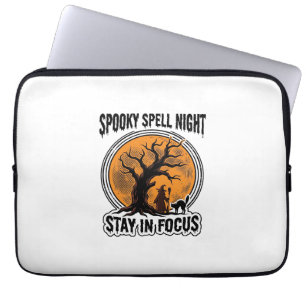 Vintage Halloween Witch Tree and Black Cat Graphic Laptop Sleeve
