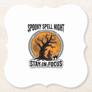 Vintage Halloween Witch Tree and Black Cat Graphic Paper Coaster