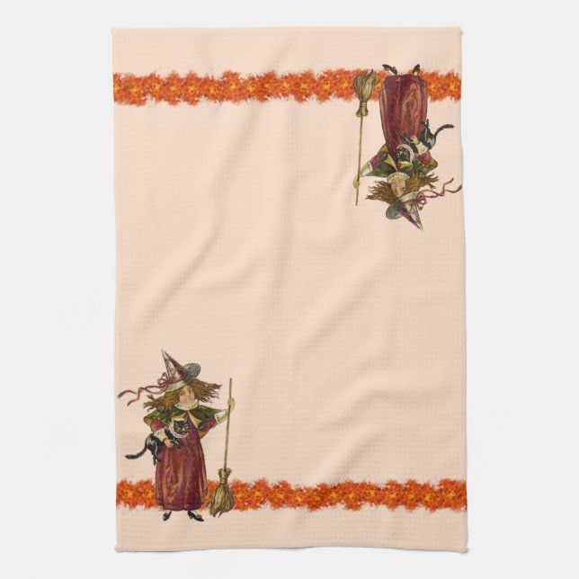 Vintage Halloween Witch w Cat Towels (Vertical)