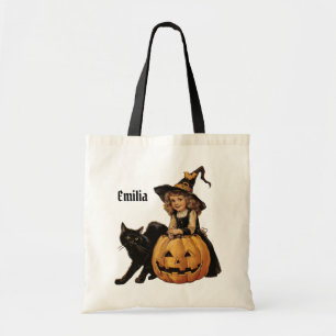 Vintage Halloween Witch with black cat and pumpkin Tote Bag